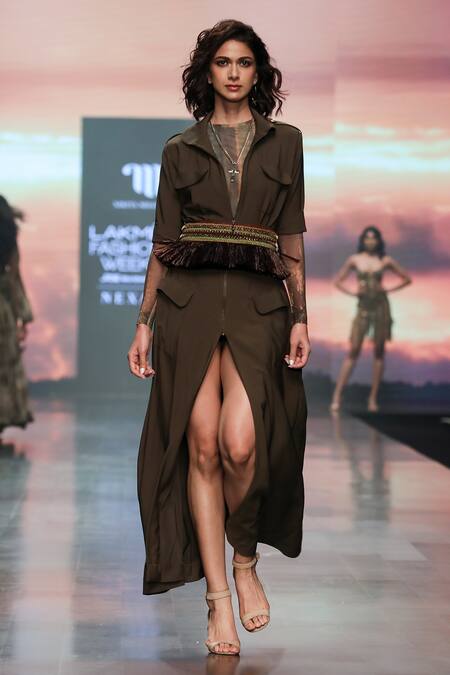 Nikita Mhaisalkar_Green Luxe Suiting Flap Collar Front Slit Shirt Dress _at_Aza_Fashions