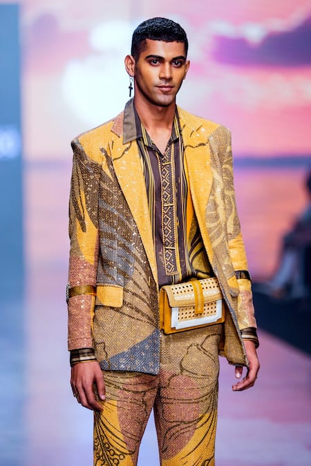 Nikita Mhaisalkar Yellow Satin Georgette Tropical Pattern Shirt Online at Aza Fashions Nikita Mhaisalkar_Yellow Satin Georgette Tropical Pattern Shirt _Online_at_Aza_Fashions