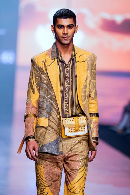 Buy Nikita Mhaisalkar Yellow Satin Georgette Tropical Pattern Shirt Online at Aza Fashions Buy_Nikita Mhaisalkar_Yellow Satin Georgette Tropical Pattern Shirt _Online_at_Aza_Fashions