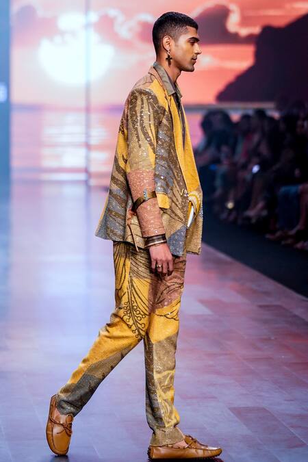 Nikita Mhaisalkar_Yellow Sheeted Pure Georgette Tropical Print Blazer And Pant Set _Online_at_Aza_Fashions