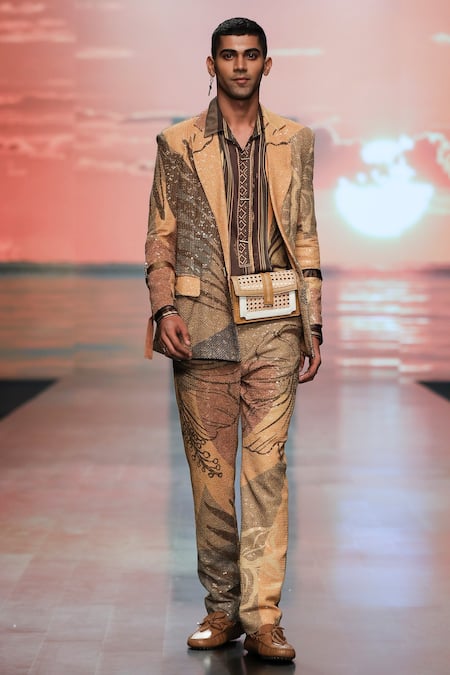 Buy_Nikita Mhaisalkar_Yellow Sheeted Pure Georgette Tropical Print Blazer And Pant Set _Online_at_Aza_Fashions