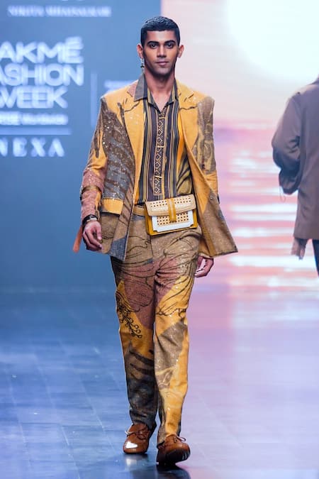 Shop_Nikita Mhaisalkar_Yellow Sheeted Pure Georgette Tropical Print Blazer And Pant Set _Online_at_Aza_Fashions