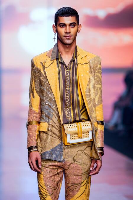 Nikita Mhaisalkar_Yellow Sheeted Pure Georgette Tropical Print Blazer And Pant Set _at_Aza_Fashions