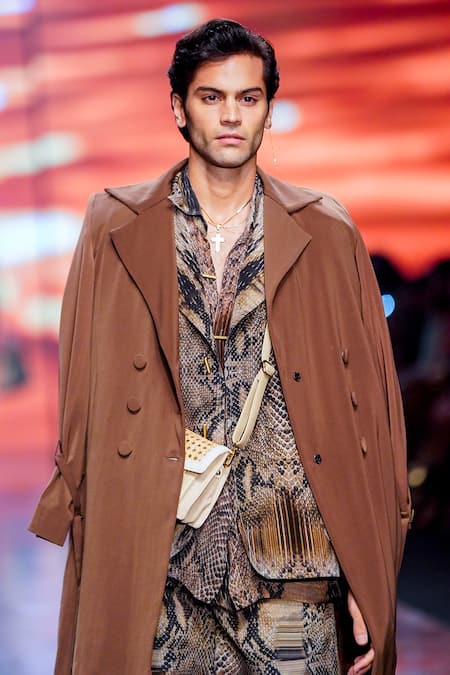 Nikita Mhaisalkar_Brown Crinkled Pure Chiffon Natural Python Print Shirt _Online_at_Aza_Fashions