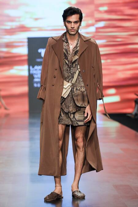 Shop Nikita Mhaisalkar Brown Crepe Python Print Shorts at Aza Fashions Shop_Nikita Mhaisalkar_Brown Crepe Python Print Shorts _at_Aza_Fashions