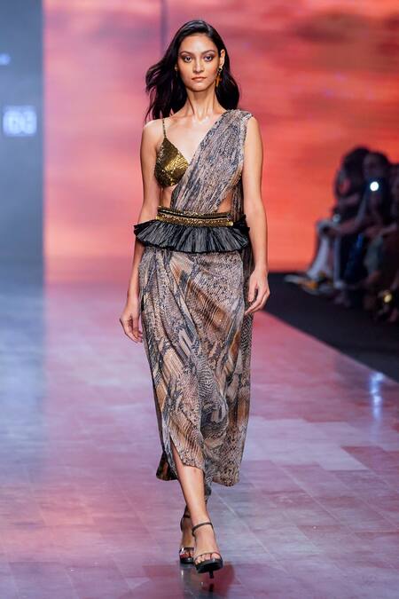 Nikita Mhaisalkar Multi Color Pure Georgette Python Print And Pre-draped Saree Online at Aza Fashions Nikita Mhaisalkar_Multi Color Pure Georgette Python Print And Pre-draped Saree _Online_at_Aza_Fashions