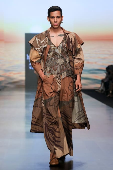 Shop_Nikita Mhaisalkar_Brown Silk Poplin Tropical Pattern Broad Pant _Online_at_Aza_Fashions