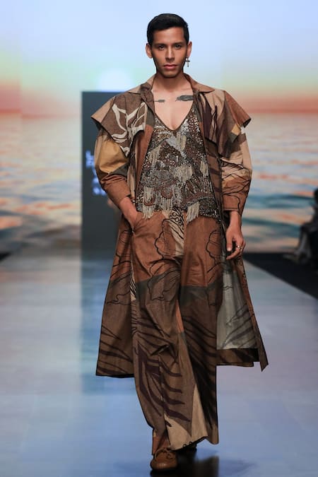 Nikita Mhaisalkar_Brown Silk Poplin Tropical Pattern Broad Pant _at_Aza_Fashions