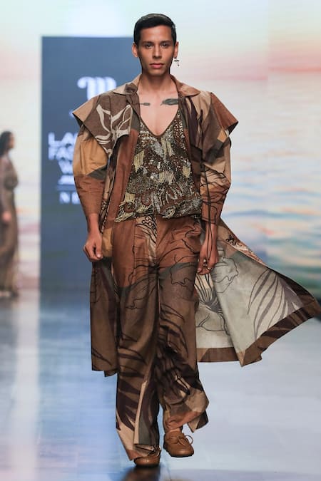 Nikita Mhaisalkar_Brown Silk Poplin Tropical Pattern Trench Coat _Online_at_Aza_Fashions