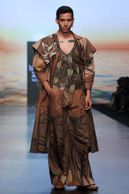 Buy_Nikita Mhaisalkar_Brown Silk Poplin Tropical Pattern Trench Coat _Online_at_Aza_Fashions