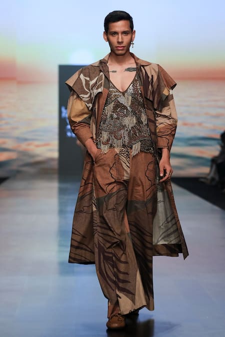 Shop_Nikita Mhaisalkar_Brown Silk Poplin Tropical Pattern Trench Coat _Online_at_Aza_Fashions