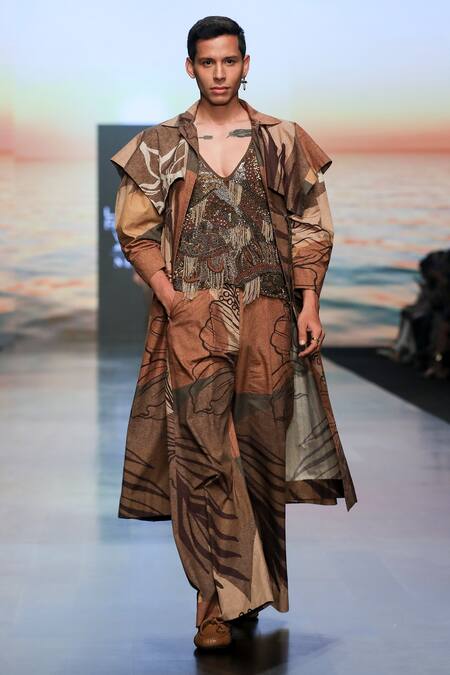 Nikita Mhaisalkar_Brown Silk Poplin Tropical Pattern Trench Coat _at_Aza_Fashions