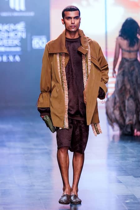 Buy_Nikita Mhaisalkar_Brown Luxe Suiting Oversized Collar Jacket _Online_at_Aza_Fashions