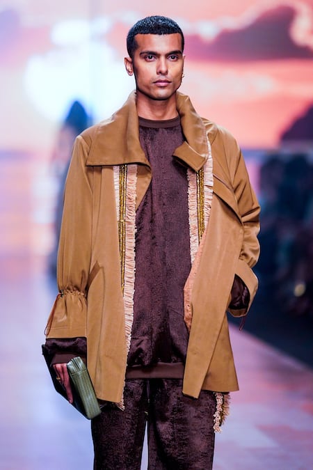 Shop_Nikita Mhaisalkar_Brown Luxe Suiting Oversized Collar Jacket _Online_at_Aza_Fashions