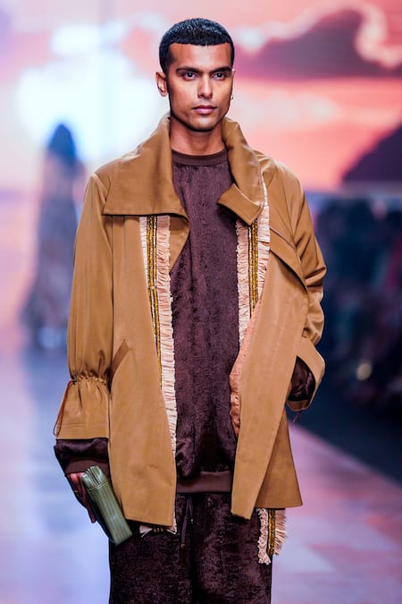 Nikita Mhaisalkar_Brown Luxe Suiting Oversized Collar Jacket _at_Aza_Fashions