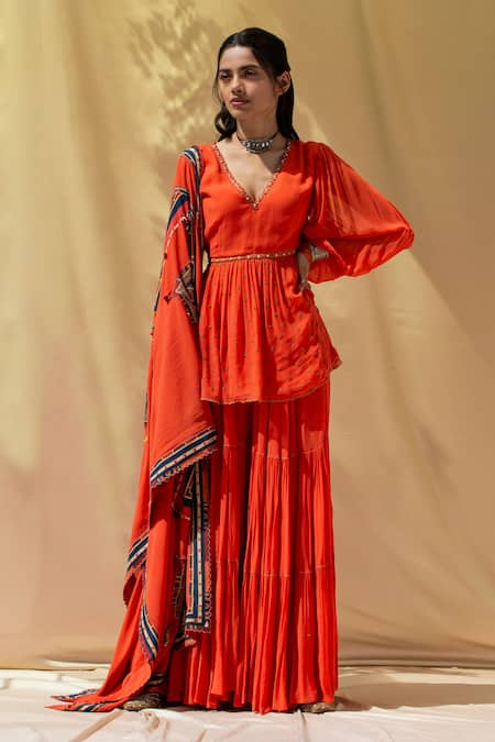 Saundh Orange Georgette Peplum Kurta Sharara Set