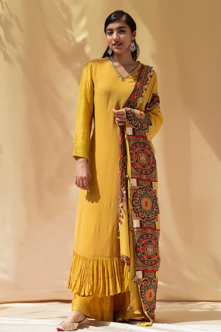 Saundh Yellow Gathered Hem Kurta Set