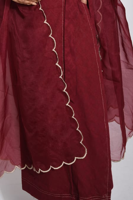 Taro_Maroon , Organza, Handwoven V Neck Kurta Set _at_Aza_Fashions
