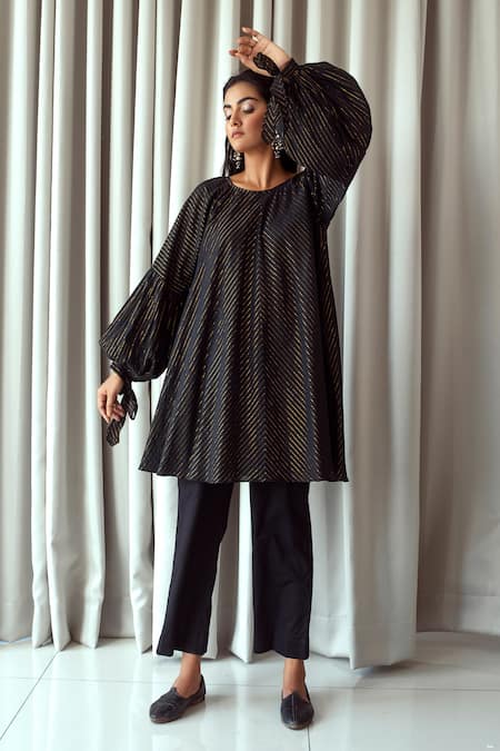 Taro_Black Handwoven Cotton Round Striped Tunic _Online_at_Aza_Fashions