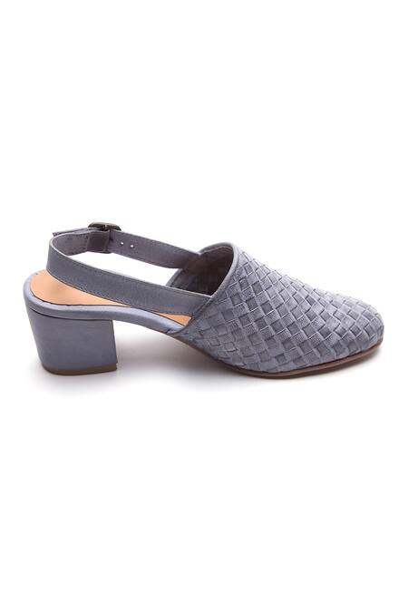 Tissr_Grey Basket Weave Texture Ankle Strap Mules_Online_at_Aza_Fashions
