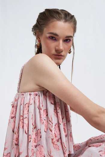 Shop_Therealb_Peach Polyester Floral Print Square Neck Aurora Tiered Dress_Online_at_Aza_Fashions