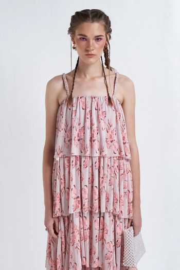 Therealb_Peach Polyester Floral Print Square Neck Aurora Tiered Dress_Online_at_Aza_Fashions