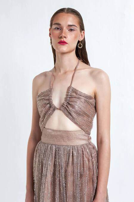 Therealb Beige Polyester Sequin Halter Neck Trance Embroidered Top And Skirt Set Online at Aza Fashions Therealb_Beige Polyester Sequin Halter Neck Trance Embroidered Top And Skirt Set _Online_at_Aza_Fashions