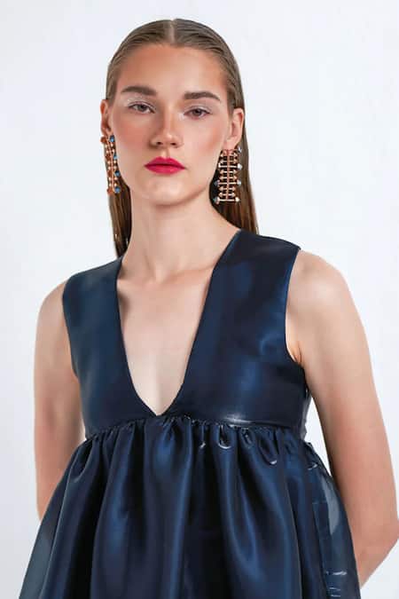 Buy Therealb Black Polyester Plain Plunge V Neck Trinity Tiered Dress Online at Aza Fashions Buy_Therealb_Black Polyester Plain Plunge V Neck Trinity Tiered Dress _Online_at_Aza_Fashions