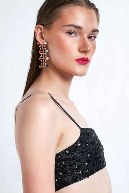 Buy_Therealb_Black Silk, Polyester, Top Organza Crystal Stones Void Embellished And Skirt Set _Online_at_Aza_Fashions