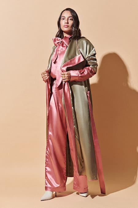 Therealb Green Polyester Lapel Color Block Oversized Kimono 