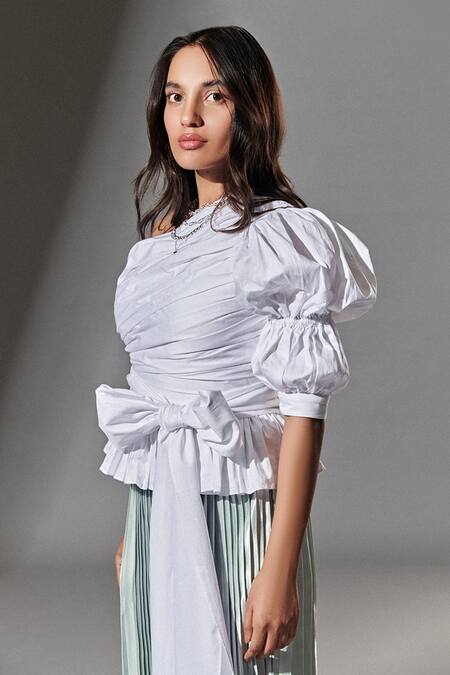 Shop Therealb White 100% Cotton One Shoulder Puff Sleeve Top Online at Aza Fashions Shop_Therealb_White 100% Cotton One Shoulder Puff Sleeve Top _Online_at_Aza_Fashions