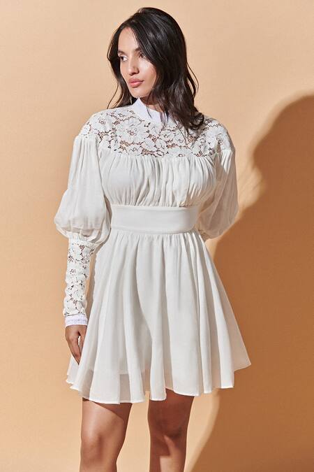 Buy_Therealb_White 100% Recycled Cotton Lace Mandarin Collar Embroidered Dress_Online_at_Aza_Fashions