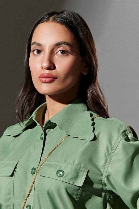 Shop Therealb Green 20% Cotton, 80% Polyester Collared Neck Oversized Shirt With Pockets Online at Aza Fashions Shop_Therealb_Green 20% Cotton, 80% Polyester Collared Neck Oversized Shirt With Pockets _Online_at_Aza_Fashions