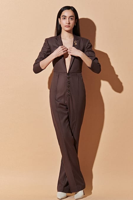 Therealb_Brown 20% Cotton, 80% Polyester Notched Lapel Collar Plunge Neckline Jumpsuit_Online_at_Aza_Fashions