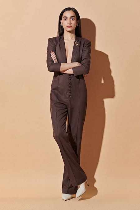 Buy_Therealb_Brown 20% Cotton, 80% Polyester Notched Lapel Collar Plunge Neckline Jumpsuit_Online_at_Aza_Fashions
