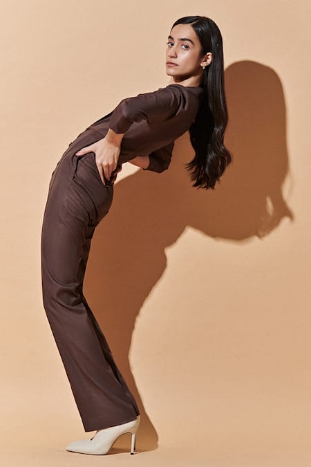 Shop_Therealb_Brown 20% Cotton, 80% Polyester Notched Lapel Collar Plunge Neckline Jumpsuit_Online_at_Aza_Fashions