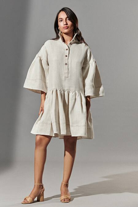 Buy Therealb White Handloom Cotton Lantern Sleeve Dress at Aza Fashions Buy_Therealb_White Handloom Cotton Lantern Sleeve Dress_at_Aza_Fashions