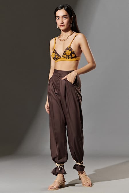 Therealb Brown 20% Cotton, 80% Polyester Plunge Neck Embellished Bralette 