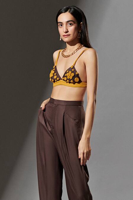 Therealb Brown 20% Cotton, 80% Polyester Plunge Neck Embellished Bralette Online at Aza Fashions Therealb_Brown 20% Cotton, 80% Polyester Plunge Neck Embellished Bralette _Online_at_Aza_Fashions