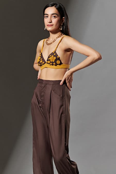 Buy Therealb Brown 20% Cotton, 80% Polyester Plunge Neck Embellished Bralette Online at Aza Fashions Buy_Therealb_Brown 20% Cotton, 80% Polyester Plunge Neck Embellished Bralette _Online_at_Aza_Fashions
