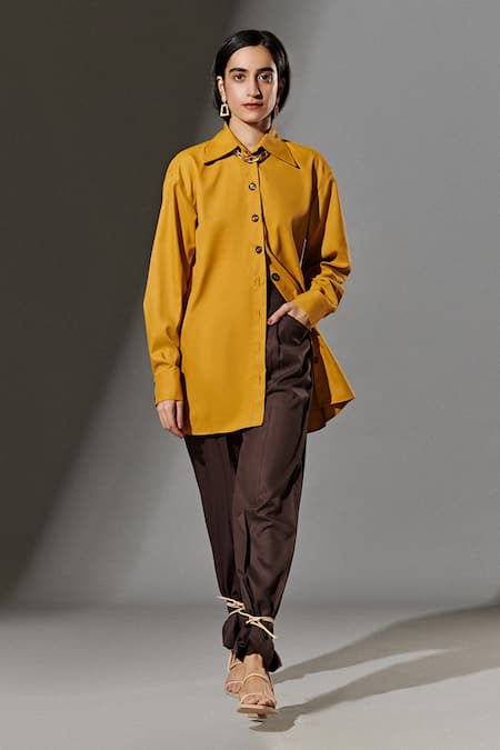 Therealb Yellow 20% Cotton, 80% Polyester Collared Neck Oversized Shirt 