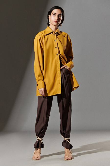 Buy Therealb Yellow 20% Cotton, 80% Polyester Collared Neck Oversized Shirt Online at Aza Fashions Buy_Therealb_Yellow 20% Cotton, 80% Polyester Collared Neck Oversized Shirt _Online_at_Aza_Fashions