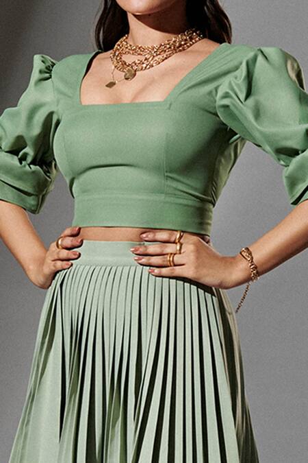 Therealb Green 20% Cotton, 80% Polyester Square Neck Neckline Crop Top at Aza Fashions Therealb_Green 20% Cotton, 80% Polyester Square Neck Neckline Crop Top _at_Aza_Fashions