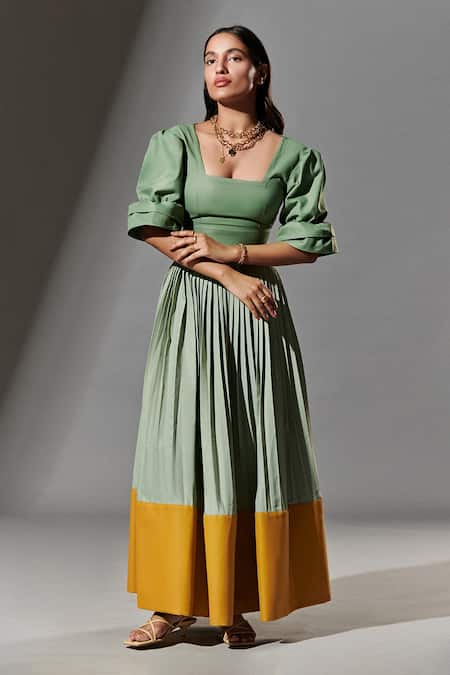 Shop Therealb Yellow 20% Coton, 80% Polyester Colour Block Pleated Skirt at Aza Fashions Shop_Therealb_Yellow 20% Coton, 80% Polyester Colour Block Pleated Skirt _at_Aza_Fashions