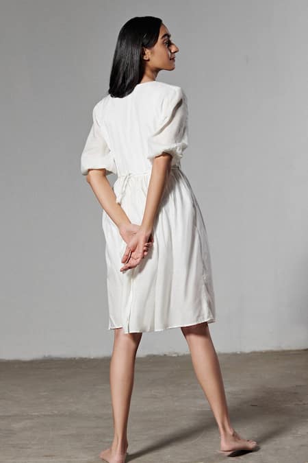 Shop Therealb White 100% Milk V Neck Crossover Mini Dress at Aza Fashions Shop_Therealb_White 100% Milk V Neck Crossover Mini Dress _at_Aza_Fashions