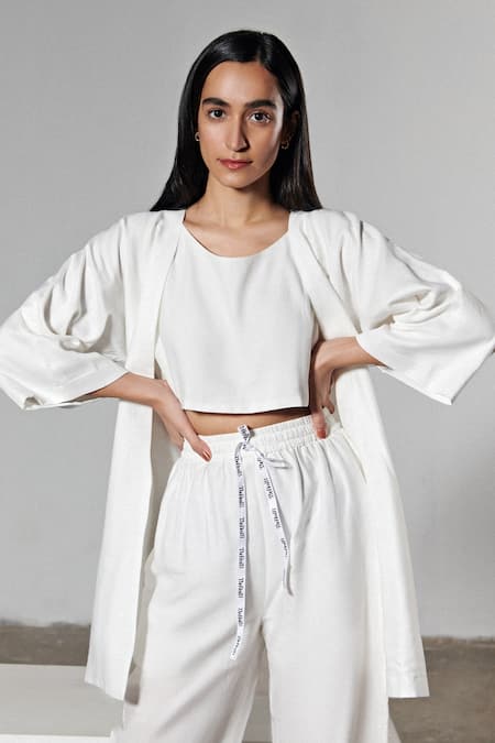 Therealb White 100% Organic Cotton Crop Top Round Pajama Pant Set With Kimono at Aza Fashions Therealb_White 100% Organic Cotton Crop Top Round Pajama Pant Set With Kimono _at_Aza_Fashions