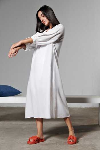 Therealb_White 100% Organic Cotton V Neck Puffed Sleeve Dress_Online_at_Aza_Fashions