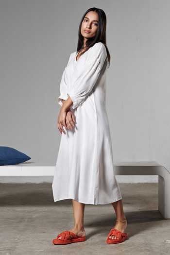Buy_Therealb_White 100% Organic Cotton V Neck Puffed Sleeve Dress_Online_at_Aza_Fashions
