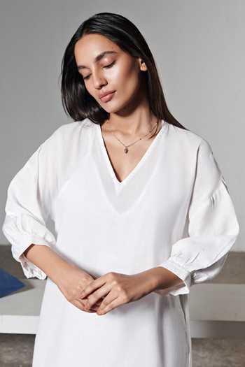 Shop_Therealb_White 100% Organic Cotton V Neck Puffed Sleeve Dress_Online_at_Aza_Fashions