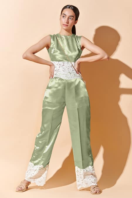 Therealb Green 100% Polyester, 100% Viscose Lace Round Embellished Pant Set 